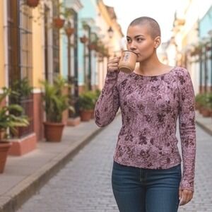 Vintage Y2K Stretch Lace Textured Women's‎ Long Sleeve Floral Sheer Lace Top M